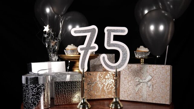 Silver Number 75 with Silver Glitter Sparkles with Gifts and Balloons and Cupcakes for Party Seventy Five