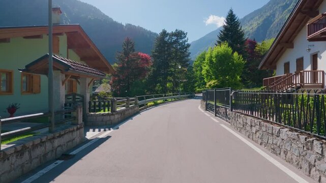 Mountain road houses forest landscape, gimbal stabilizer shot. Moving forward walking down concrete driveway through private alpine cabins and colorful trees.