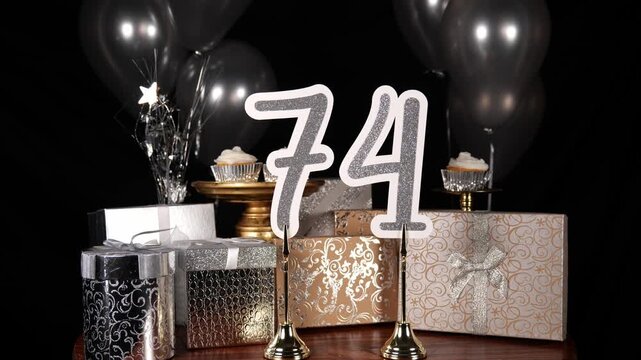 Silver Number 74 with Silver Glitter Sparkles with Gifts and Balloons and Cupcakes for Party Seventy Four