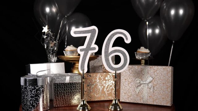 Silver Number 76 with Silver Glitter Sparkles with Gifts and Balloons and Cupcakes for Party Seventy Six
