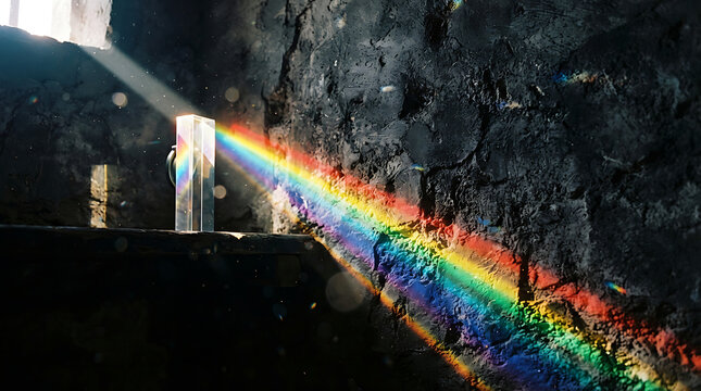 A beam of white light enters from a window on the left, strikes a prism, and refracts into a vibrant rainbow spectrum cast across a dark, rough-hewn stone wall. 