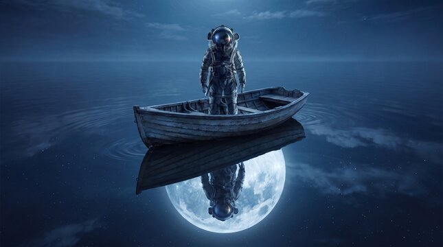 Surreal Astronaut Standing In Small Wooden Rowboat On Calm Water Reflecting Full Moon Science Fiction Conceptual Art