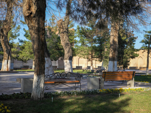 Ancient Mosque Courtyard Ulan Trees Painted Trunks

