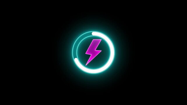 Neon lightning bolt loading circle animation, glowing power charge progress indicator for ui energy