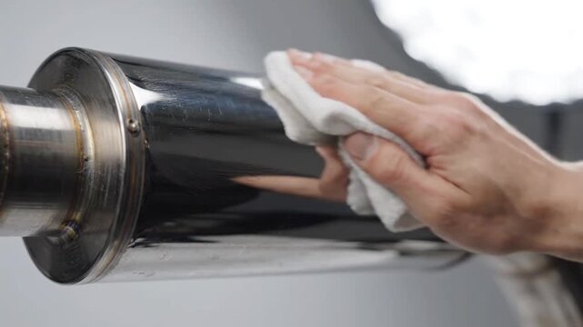 Man hand polishing chrome car exhaust muffler with cloth in workshop.