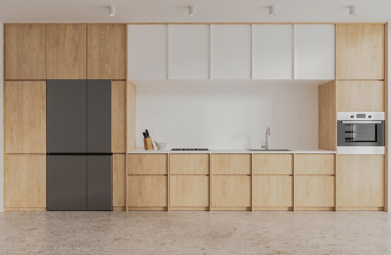 Modern wood kitchen interior with minimalist cabinetry and appliances, architectural style on a warm neutral background. 3D Rendering