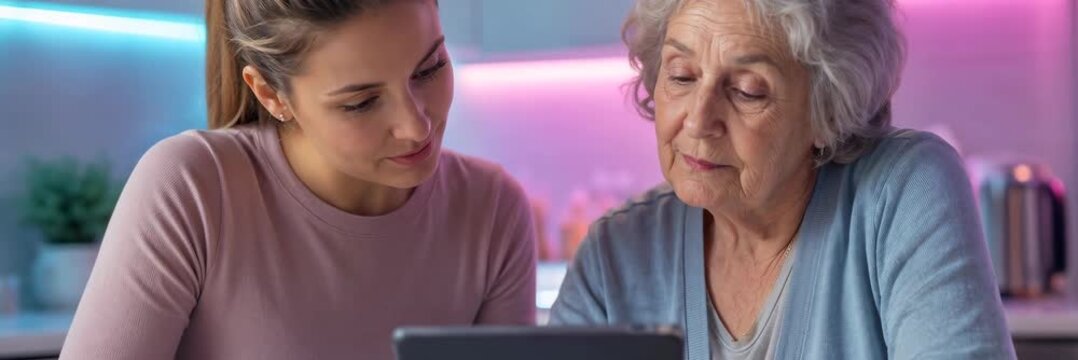 Young woman teaching elderly woman to use tablet, senior technology support, website banner with copy space