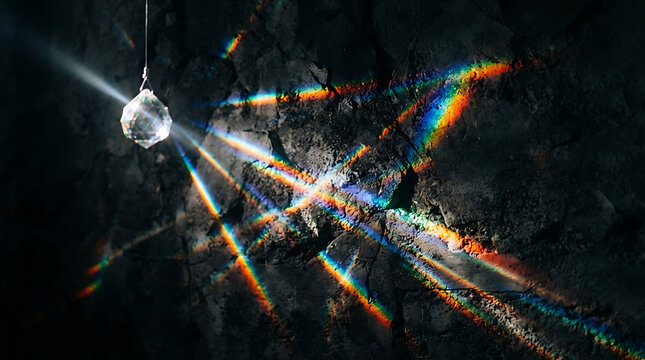 A close-up, low-angle shot shows a faceted crystal ball hanging in front of a dark, textured rocky surface. A bright beam of sunlight strikes the crystal, casting a dramatic display of colorful,