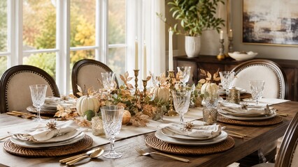 Fototapeta premium Elegant Thanksgiving table setting with white pumpkins candles and refined autumn decor