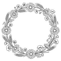 Obraz premium Black and white floral wreath with daisies and poppies