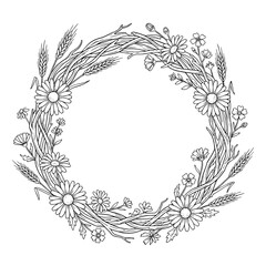Obraz premium Floral wreath with wildflowers and wheat branches line art