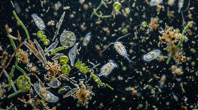Microscopic view of diverse freshwater microorganisms including algae