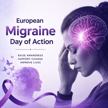 Person suffering migraine holding head with purple ribbon