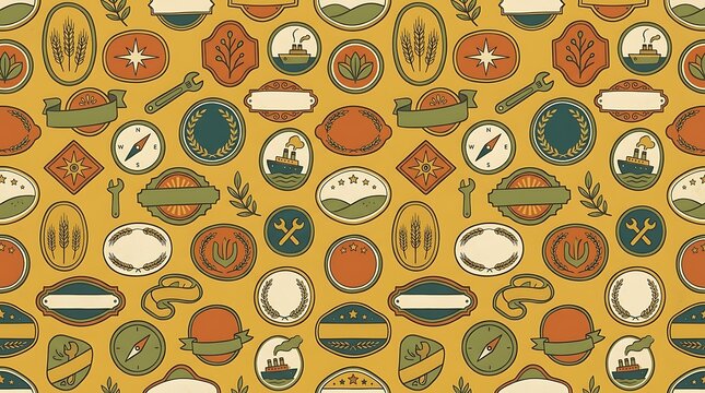 Vintage seamless pattern with retro travel and industrial badges