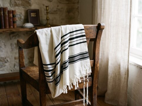 Jewish Tallit prayer shawl draped over a rustic wooden chair in a sunlit room