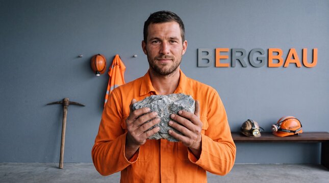 Bergmann h&auml;lt Erzgestein vor Wand mit Schriftzug Bergbau