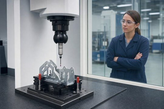 Woman engineer observing automated quality control measurement of metal part. CMM probe checking machined steel component with precision sensor in laboratory. Industrial manufacturing technology.
