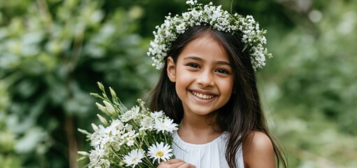 Fototapeta premium In a colorful garden, a smiling Indian girl wears a white dress and floral crown while holding a bouquet.