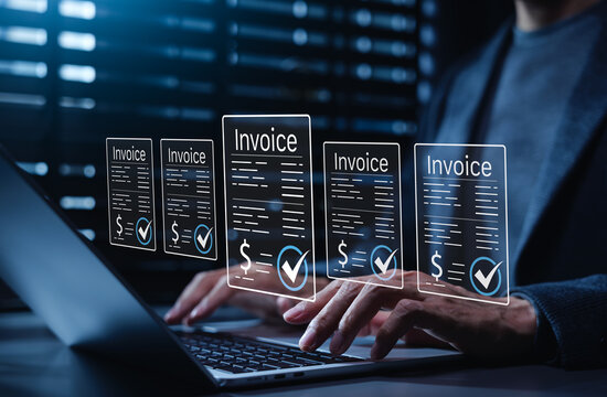 Digital invoice approval and online payment processing concept with verified billing documents, checkmark validation, e-invoice, financial records, accounting workflow, business transaction management