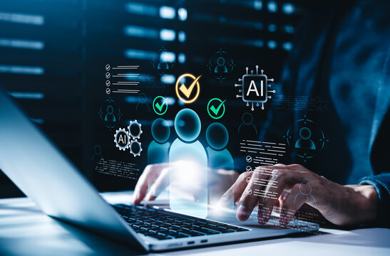 AI customer segmentation and predictive CRM analytics concept. customer profiles with check marks, AI icons, partner data, and lists showing smart targeting, profiling, and relationship management.