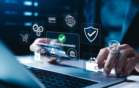 Secure digital payment concept shows successful online transaction, banking, wallet, currency exchange and protection icons. Person manages ecommerce finance, payment security, global money transfer