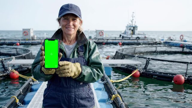Smiling female fish farmer displays a green screen smartphone at a modern aquaculture farm, showcasing sustainable seafood.