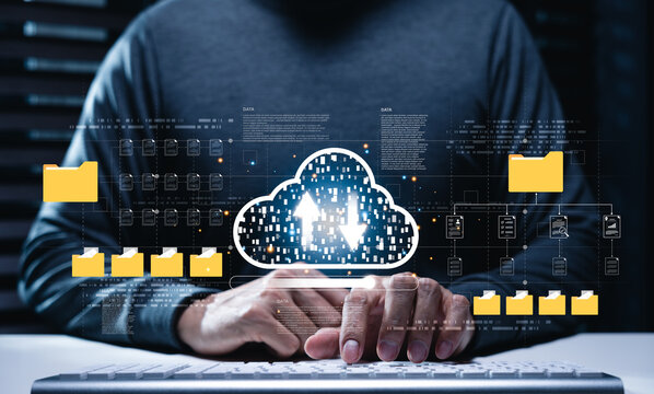 Cloud data management and file synchronization interface shows secure upload, download, document storage and digital workflow as uses connected folders for business backup, sharing, information access