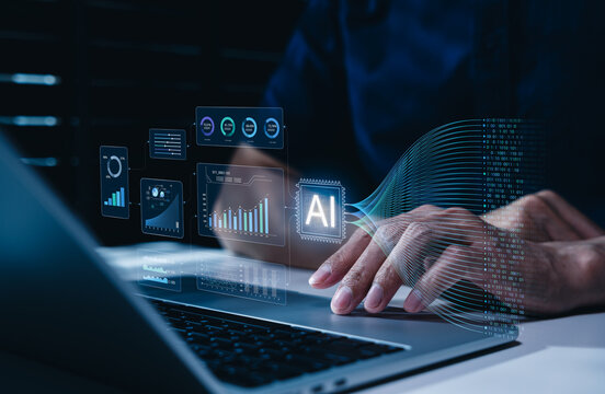 Artificial intelligence data analytics concept. Professional using laptop with dashboard, machine learning charts, real time data processing to generate predictive insights and business intelligence.