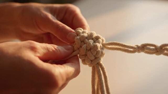 Close up of hands tying a decorative macrame knot for a wall hanging craft project.