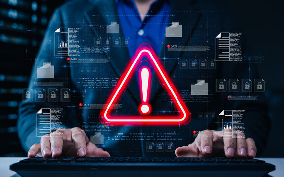 Cybersecurity data breach warning shows locked files, digital alerts and protected documents as businessman responds to cyber threats, information security risks, access control, incident management