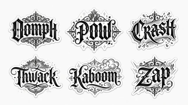 Set of vintage ornate blackletter stickers featuring gothic typography onomatopoeia for decorative graphic design and branding.