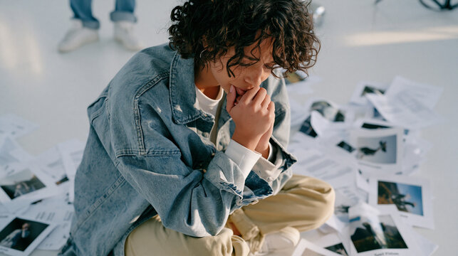 A travel blogger sits on a sterile white studio floor mid shoot, caught in an unposed moment of pre launch fear, printouts of rejected pitches around her, the vulnerability of risking creative failu