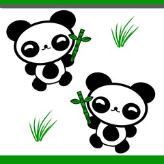 Cute kawaii panda vector design featuring two adorable bears holding bamboo stems with green grass elements. © Isti