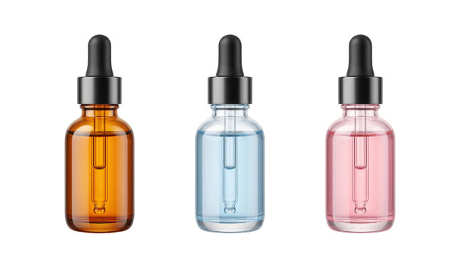 Cosmetic dropper bottles set, glass serum vials with pipette, amber blue and pink skincare packaging on white background