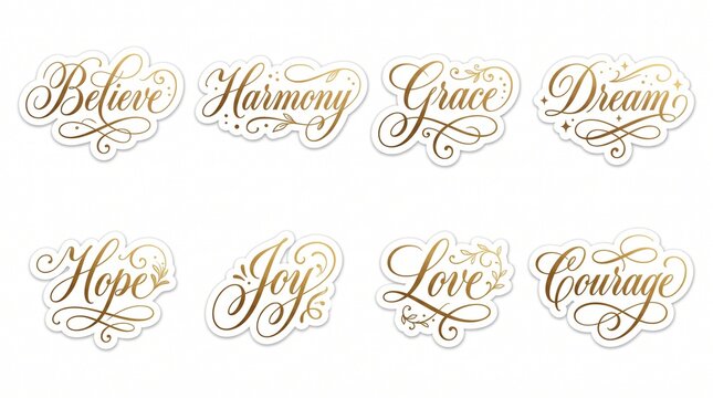 Elegant golden foil script calligraphy stickers with inspirational words for decorative journaling, planning, and craft projects.