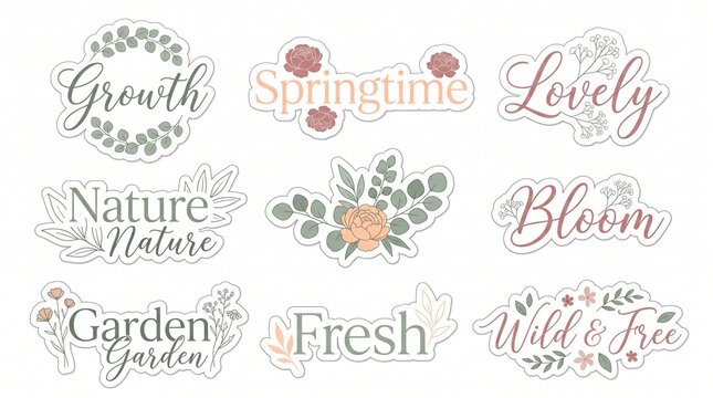 Elegant botanical sticker set featuring spring flowers and inspirational text for scrapbooking, digital journaling, and DIY decor.