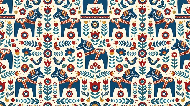 Scandinavian folk art seamless pattern featuring dala horses and flowers