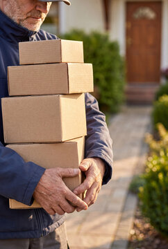 Mature delivery man carrying a stack of cardboard boxes toward a house during golden hour