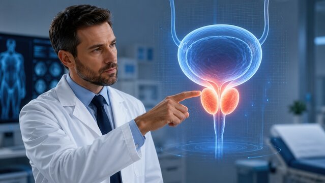 Urologist examining prostate anatomy with digital medical visualization for diagnosis treatment and healthcare