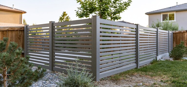 Modern gray composite fence with horizontal slats and strong posts in a suburban backyard during afternoon light.