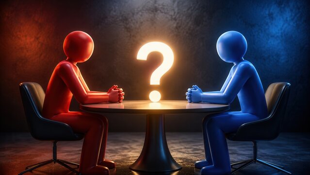 Two abstract figures facing each other with glowing question mark symbol representing debate decision and discussion
