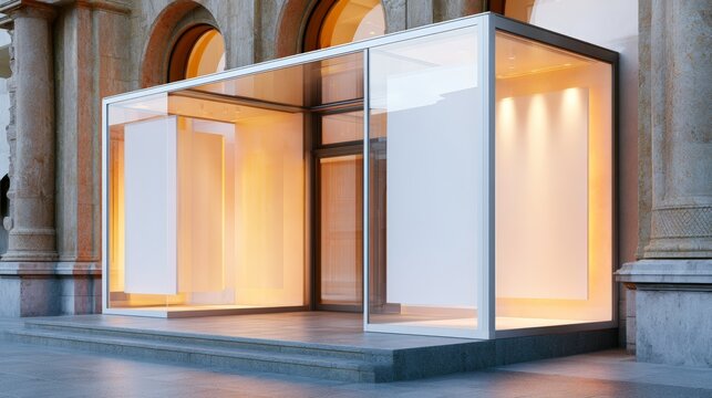 Modern theatre glass display case with blank poster panels and warm interior lighting for storefront banner and poster design