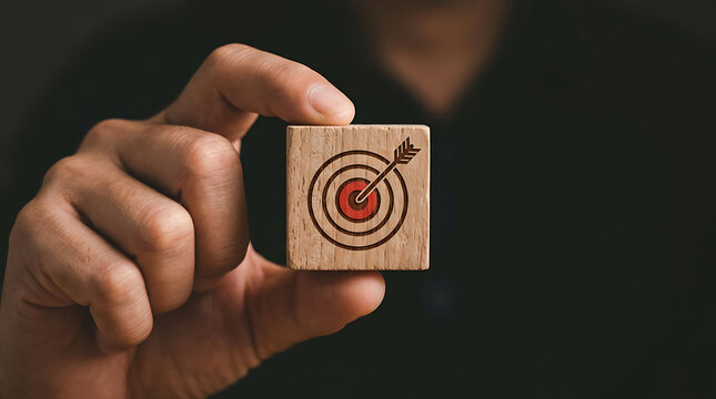 Hand holding wood block with target icon
