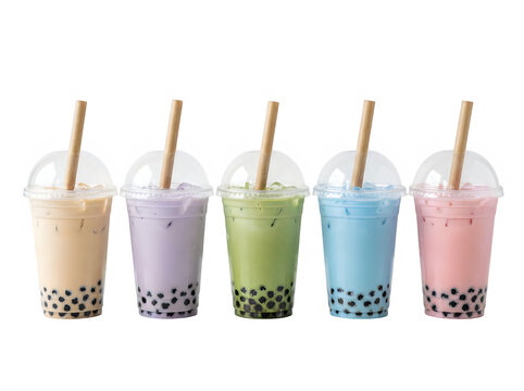 Five colorful bubble tea drinks with tapioca pearls in plastic cups with straws isolated on transparent background