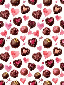 Valentine 201 Watercolor Seamless Pattern of Heart Chocolates, Truffles with Gold Leaf, Pink Hearts and Paint Splatters on White Background（白背景に描かれたハート型チョコレート、金箔付きトリュフ、ピンクのハートと水彩スプラッターのシームレスパターン）