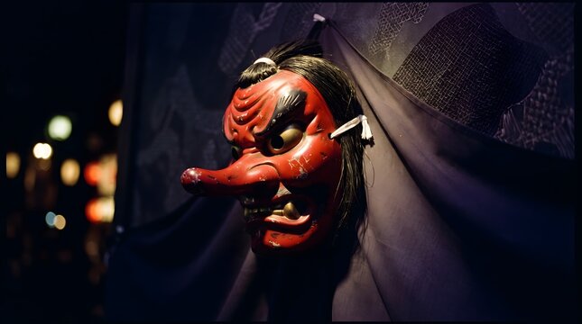 Traditional Japanese Tengu Mask on Display.