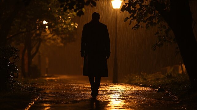 Silhouette of man walking alone in rain at night.