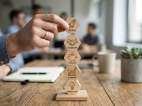 Hand stacking wooden blocks in office