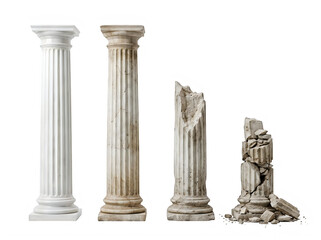 Fototapeta premium A series of four classical architectural columns in varying states of decay, from pristine to broken, isolated on transparent background
