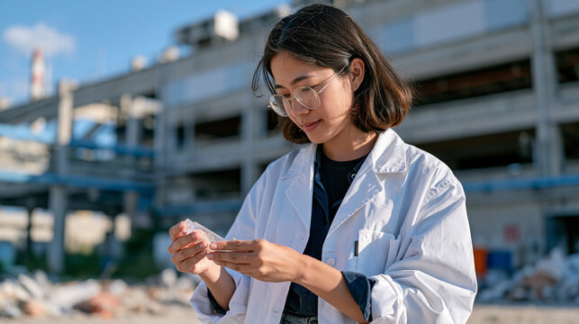 Pathologist standing alone in a barren industrial lot at midday examining a specimen vial, candid unposed moment capturing a woman of Southeast Asian heritage in full lab coat away from the lab, cul